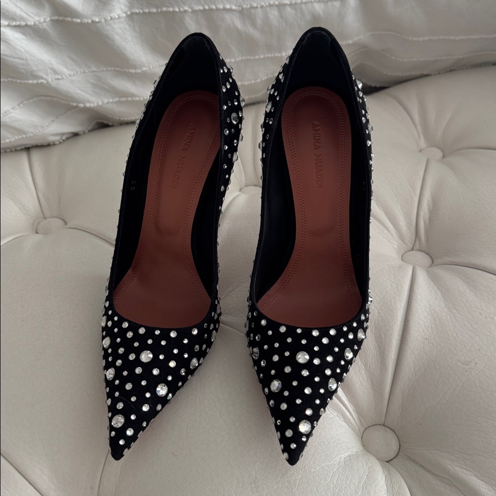 Amina muaddi Black Heels with diamond like Studs